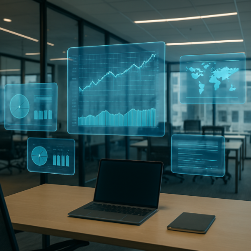 Espacio de oficina moderno con pantallas digitales de métricas y mapas para el curso de Gestión de Proyectos aplicada al negocio.