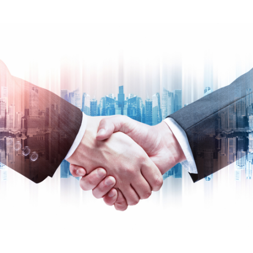 Apretón de manos entre ejecutivos con fondo de ciudad corporativa para el programa de Modelos Innovadores de Financiación y Acuerdos Especiales de Madrid Teach School.